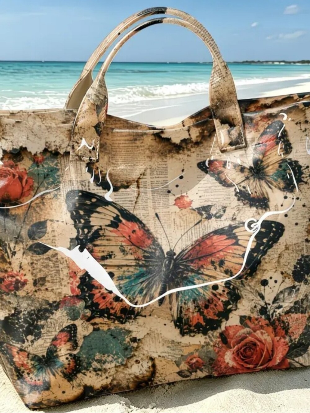 Beautiful Butterfly Newspaper Print Large Tote Bag - Picture 7 of 9